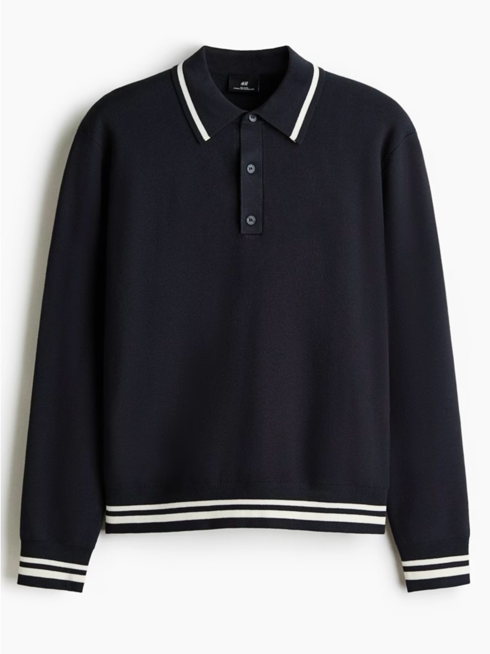 H&M Navy Long-Sleeve Polo with White Contrast Trim